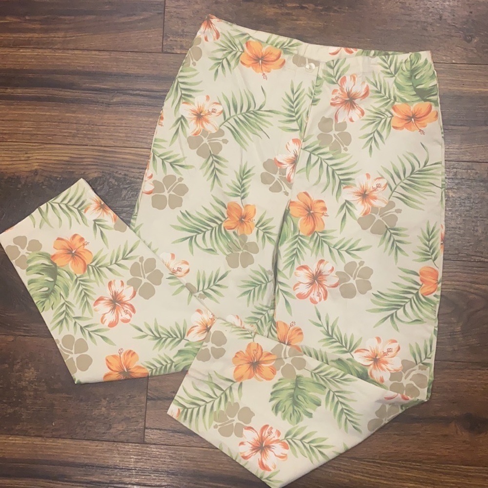 Erika Cream Straight-Leg Jeans with Orange Floral & Green Leaf Print